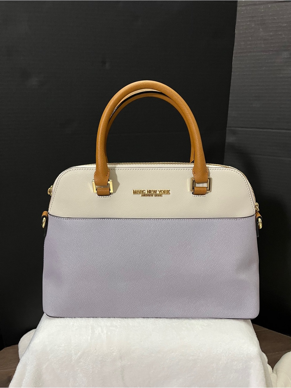 Marc New York Bone White & Lilac  Leather Satchel w Tan Double Handlles